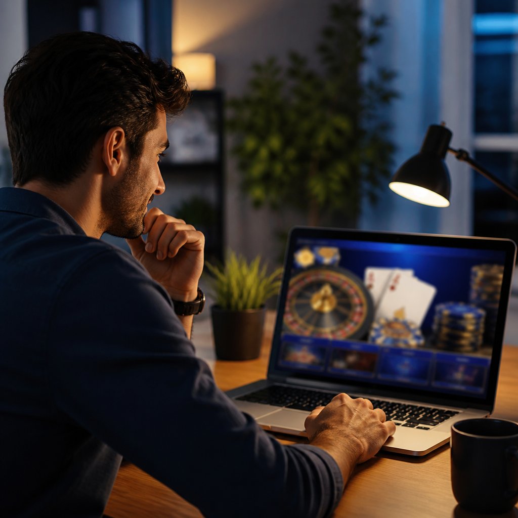 A person evaluates a generic online casino website on a laptop in a softly lit home office.