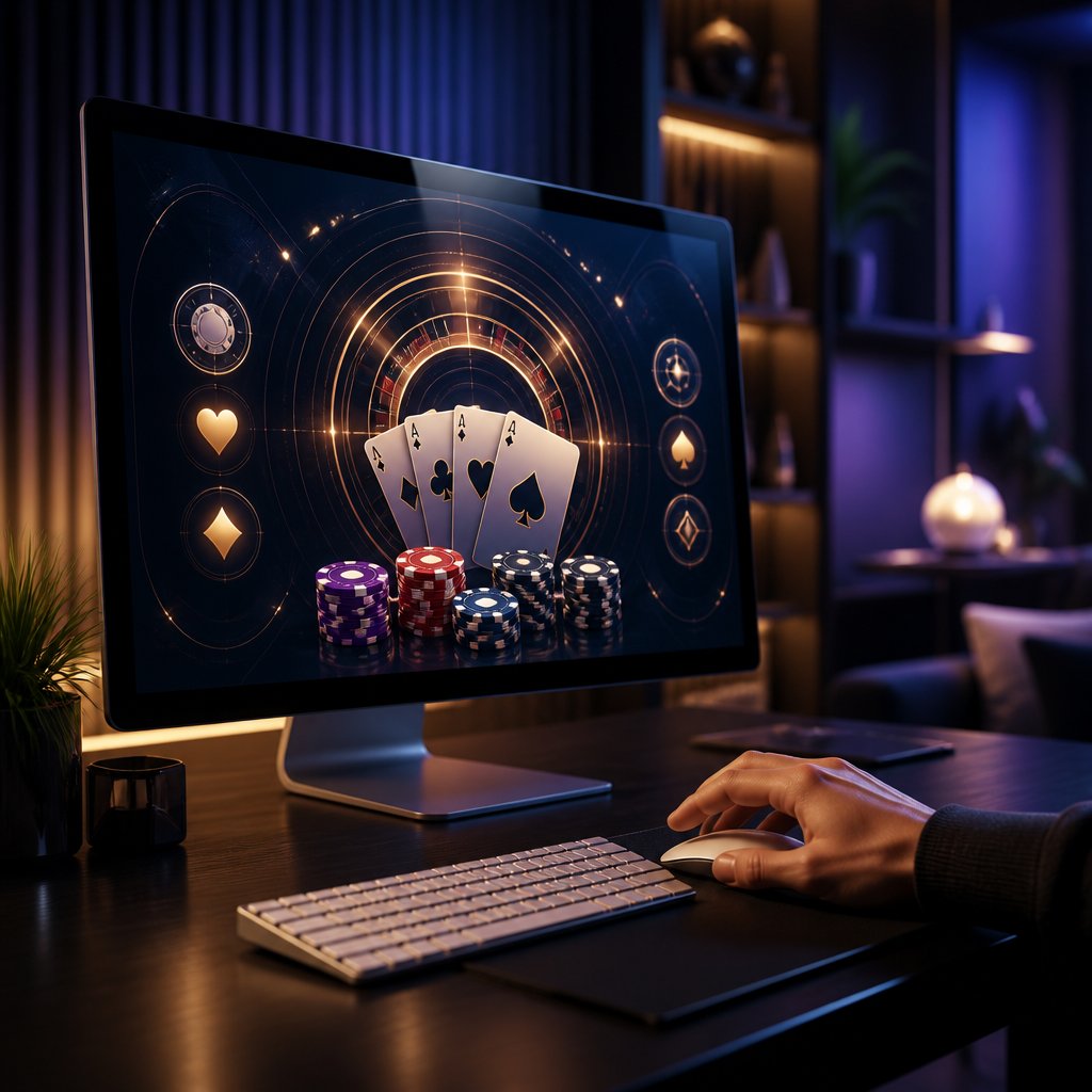 A person uses a computer displaying a colorful online casino game interface in a softly lit room.