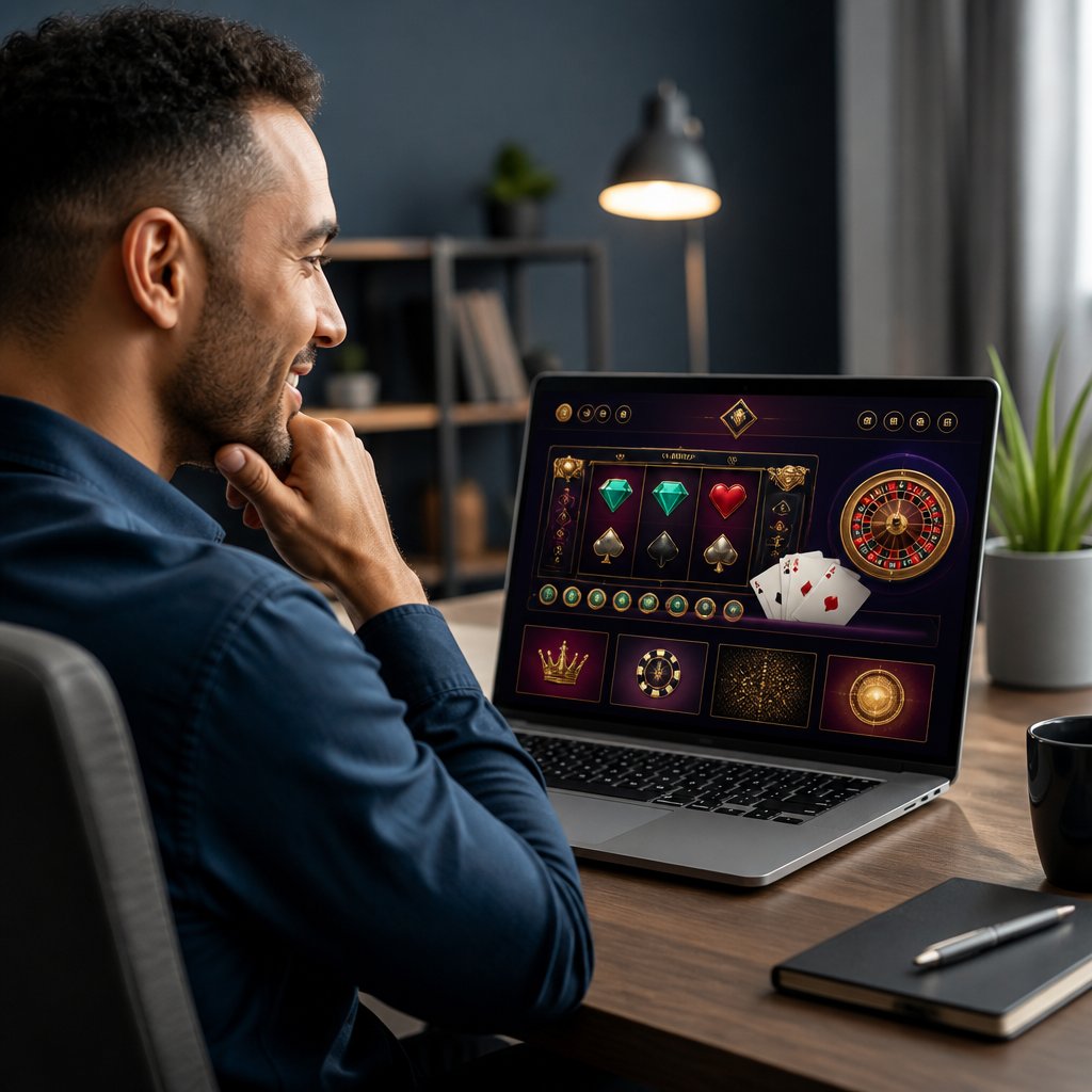An adult reviews a generic online casino interface on a laptop in a modern home office.