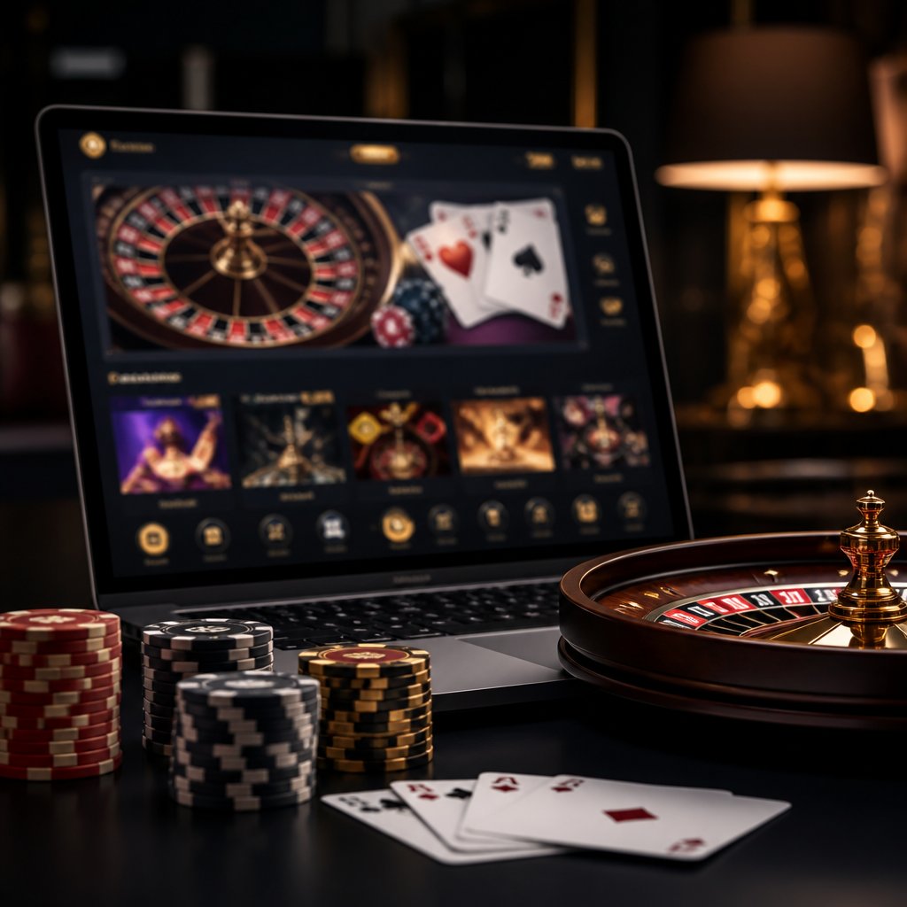 A laptop showing a generic online casino interface beside poker chips, playing cards, and a roulette wheel.