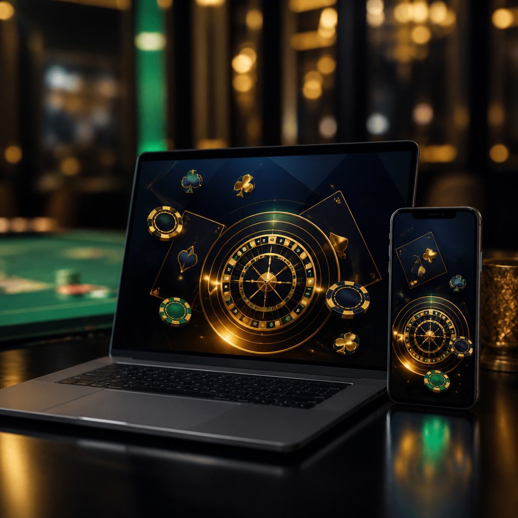 A laptop and smartphone display abstract casino-themed visuals on a polished desk in a softly lit gaming environment.