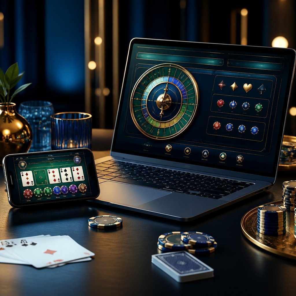 A laptop and smartphone showing abstract casino games beside playing cards, poker chips, and roulette-inspired graphics.