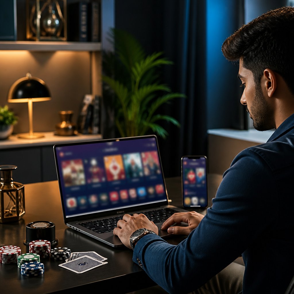 An adult explores a generic online casino platform on a laptop in a modern lounge, with playing cards and poker chips nearby.