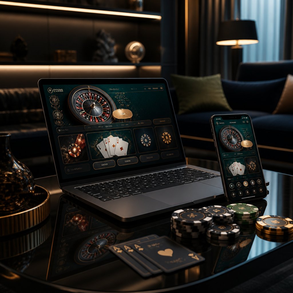 A laptop and smartphone beside casino chips, playing cards, and a roulette wheel in a dimly lit modern gaming lounge.