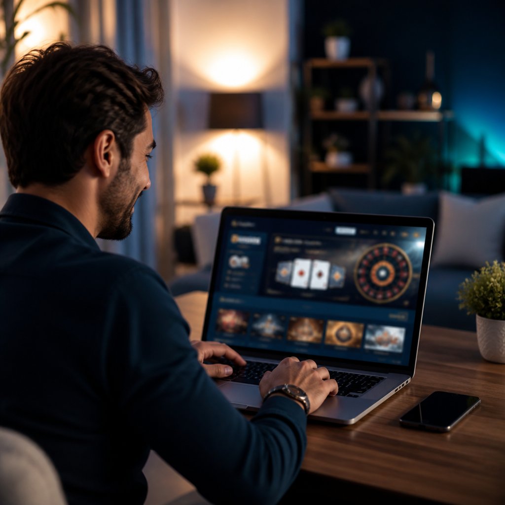 An adult uses a laptop showing an abstract online casino interface in a modern home setting.