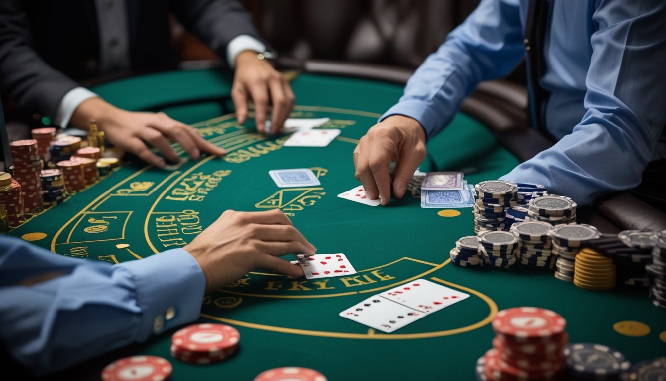 Pemula mempelajari permainan blackjack dengan kartu terbuka dan keping taruhan di meja kasino.