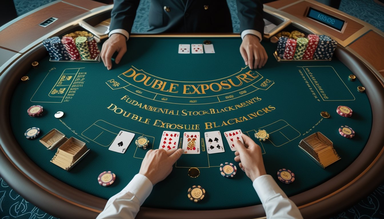 Meja blackjack kasino dengan kartu terbuka, keping taruhan, dealer, dan pemain.