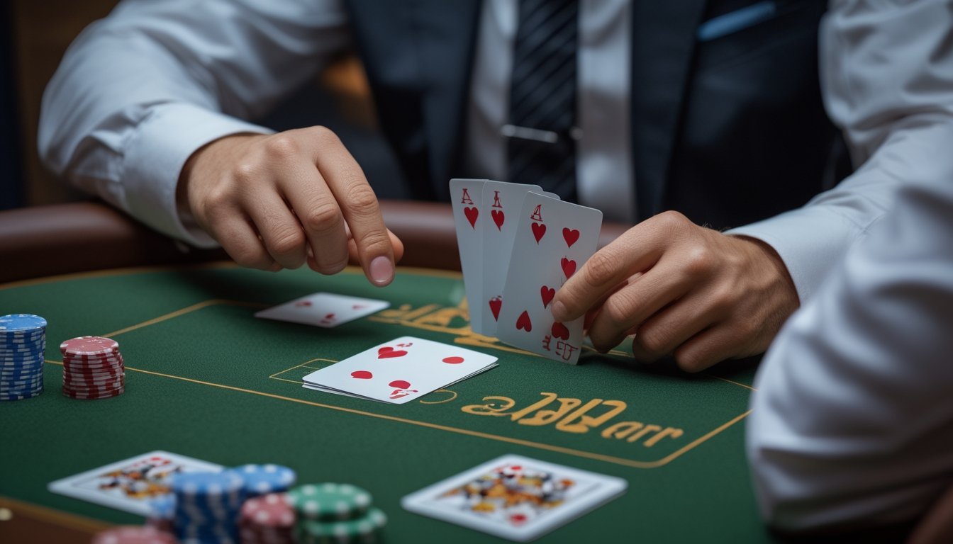 Seorang pemain blackjack mengamati dua kartu dealer yang terbuka sambil mempertimbangkan langkah berikutnya.