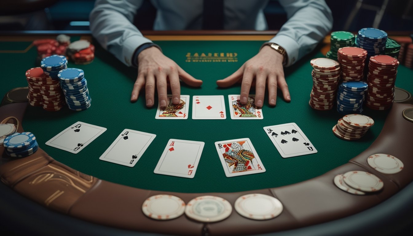 Pemain blackjack mengamati kartu di tangannya dan dua kartu dealer yang terbuka di meja kasino.