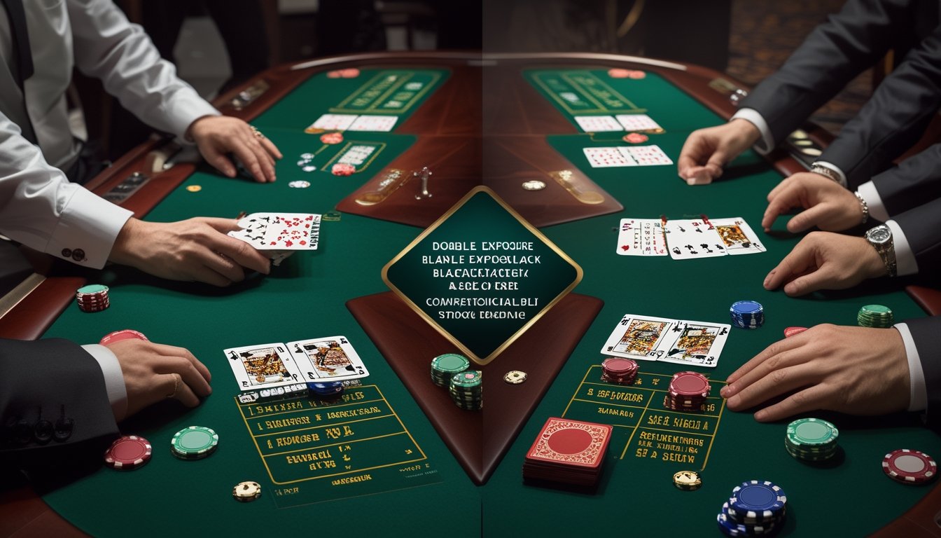 Meja blackjack kasino dengan dua area permainan yang membandingkan kartu dealer terbuka dan kartu dealer yang sebagian tertutup.