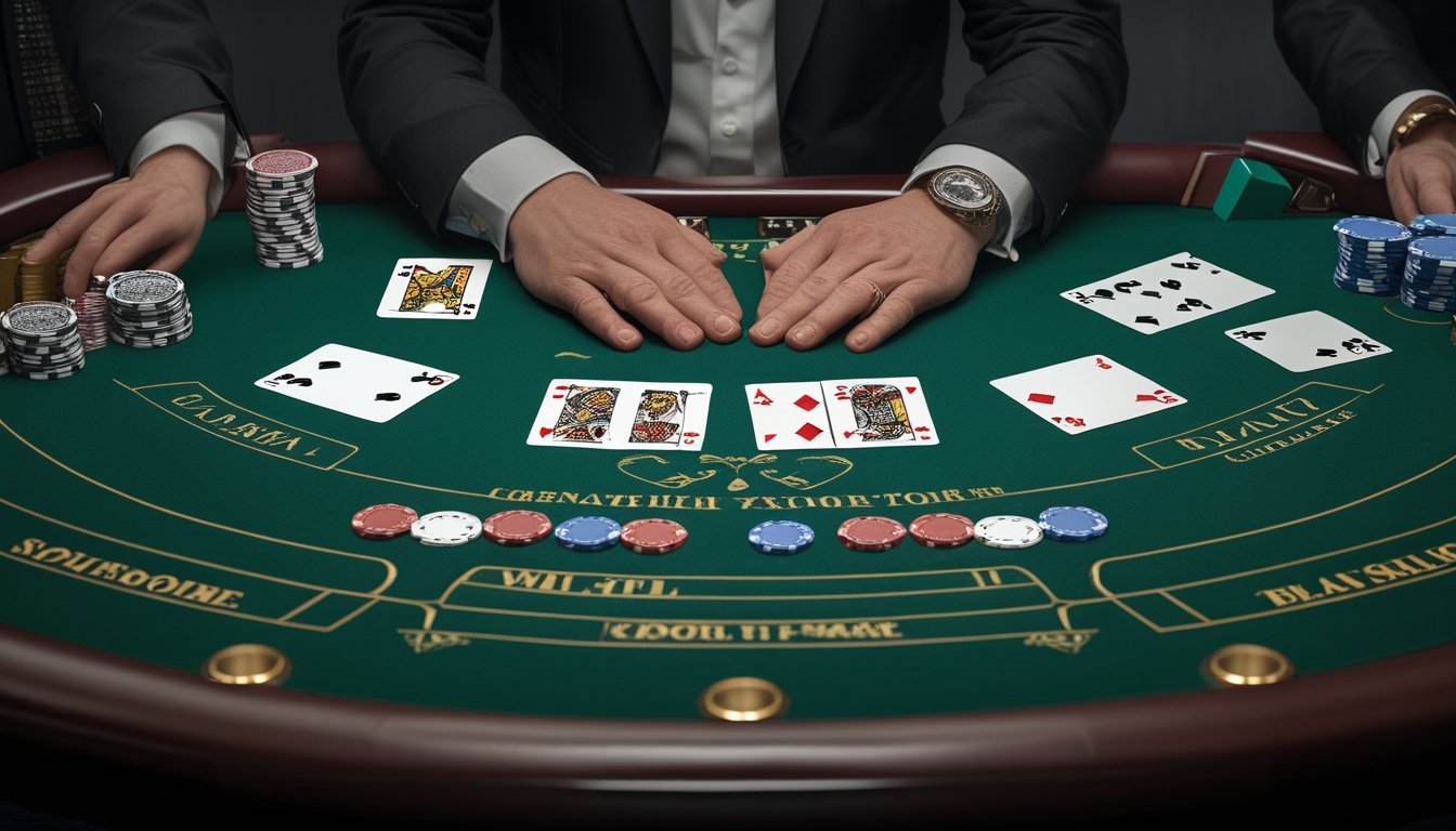 Meja blackjack kasino dengan dua posisi pemain, kartu dealer terbuka, kartu pemain, dan keping taruhan.