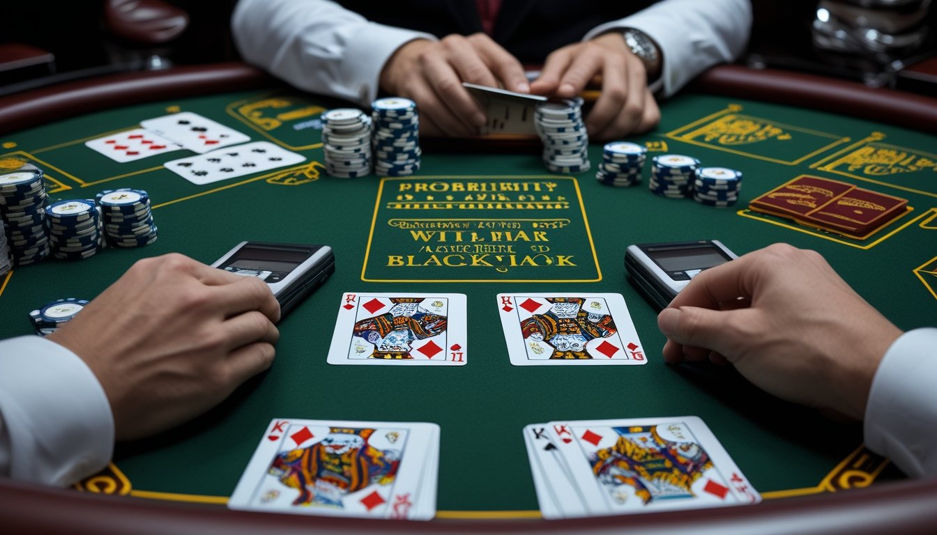 Seorang pemain menganalisis kartu, chip kasino, dan kalkulator di meja blackjack.