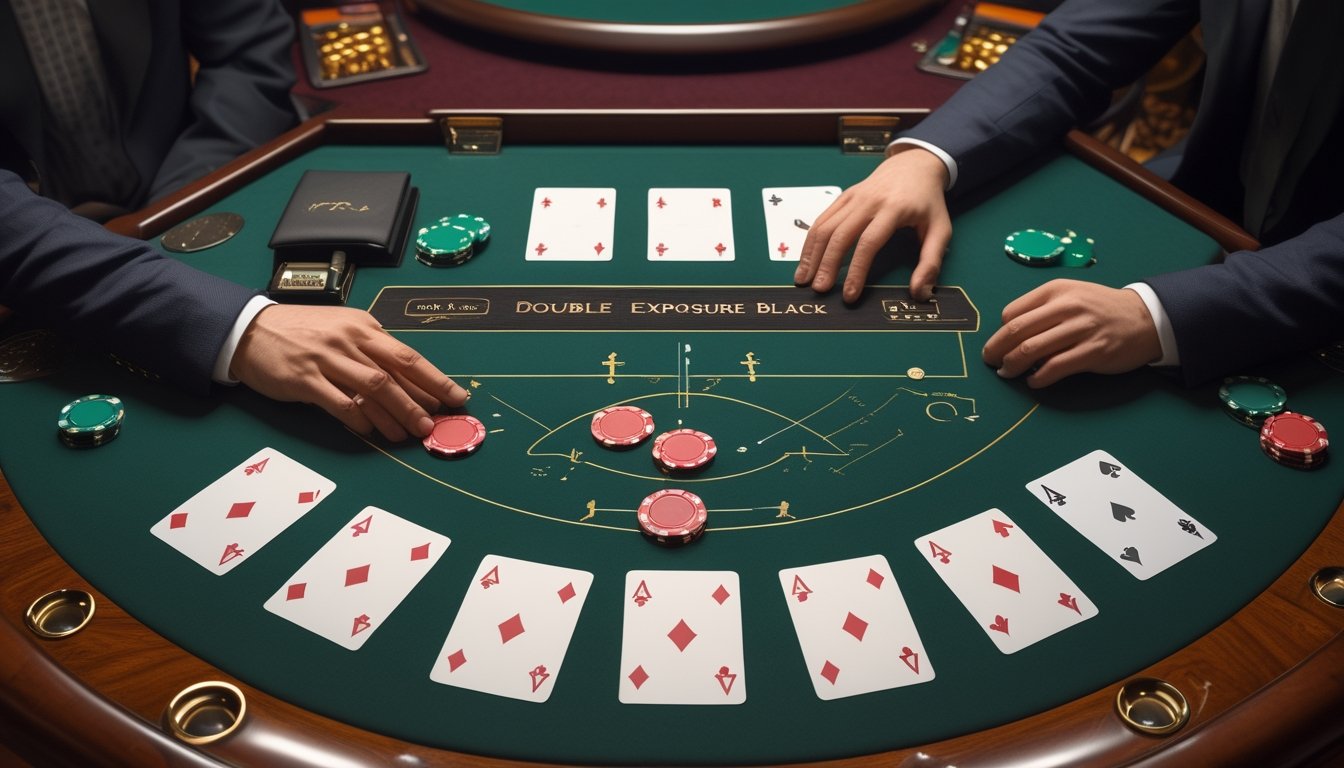 Meja blackjack dengan kartu terbuka, keping kasino, dan pemain yang sedang menganalisis peluang kemenangan.