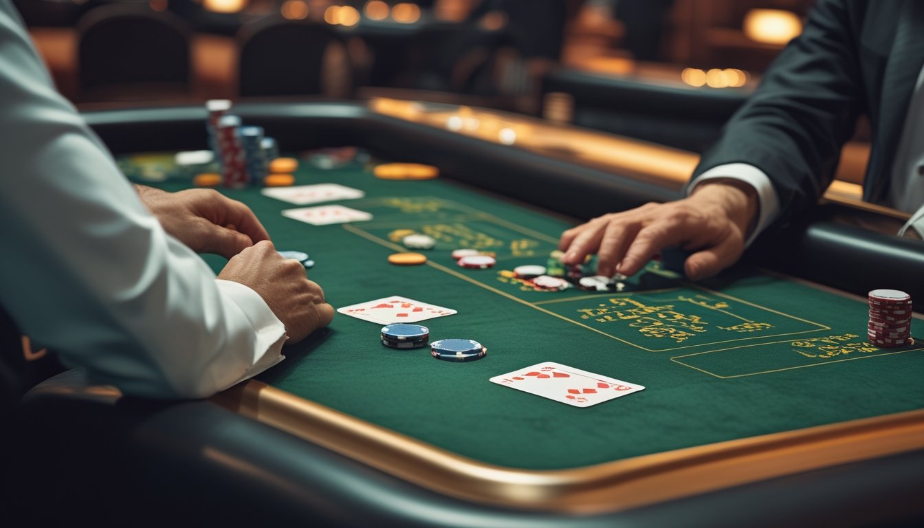 Pemain blackjack mempertimbangkan menggandakan taruhan dengan kartu dan keping kasino di atas meja.