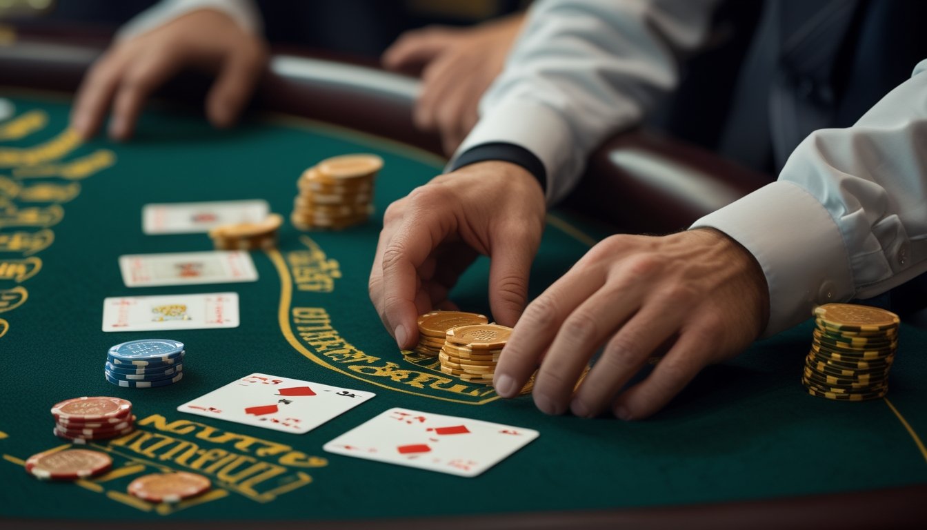 Pemain blackjack mempertimbangkan untuk menggandakan taruhan di meja kasino.