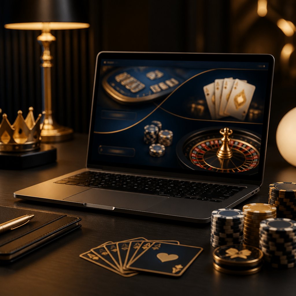 A laptop showing an abstract online casino interface beside playing cards and casino chips on an elegant desk.