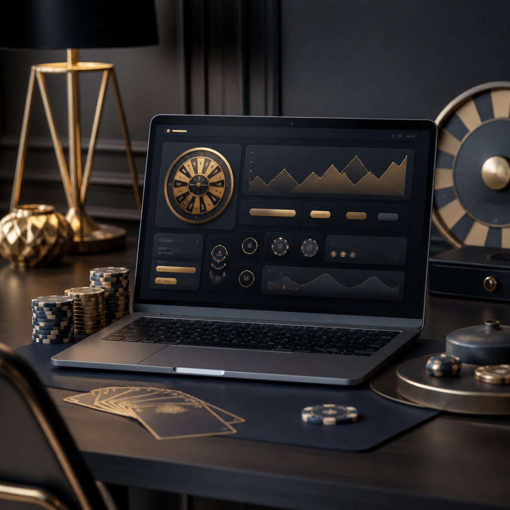 A laptop showing an abstract online casino interface beside poker chips and playing cards on a polished desk.