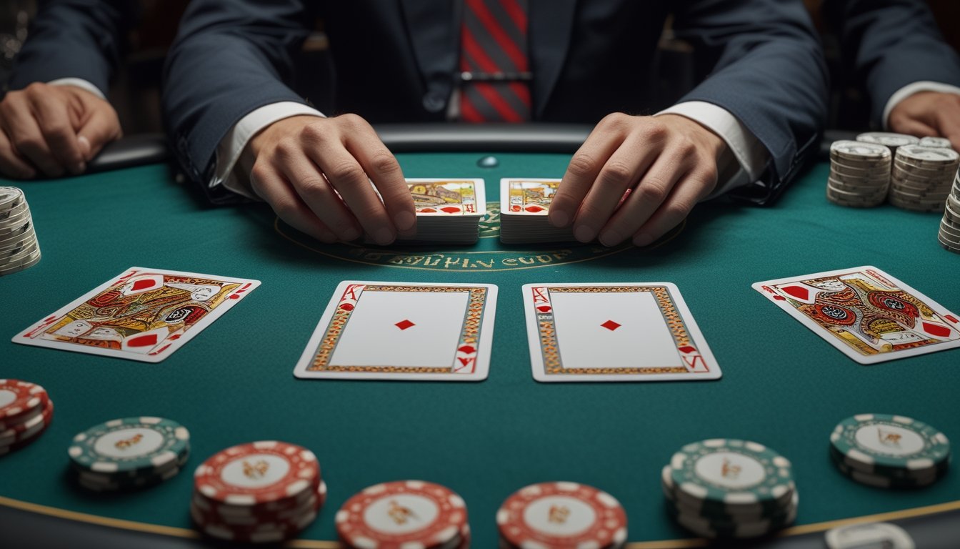 Pemain mempertimbangkan pemisahan sepasang kartu di meja blackjack terbuka dengan chip tersusun rapi.