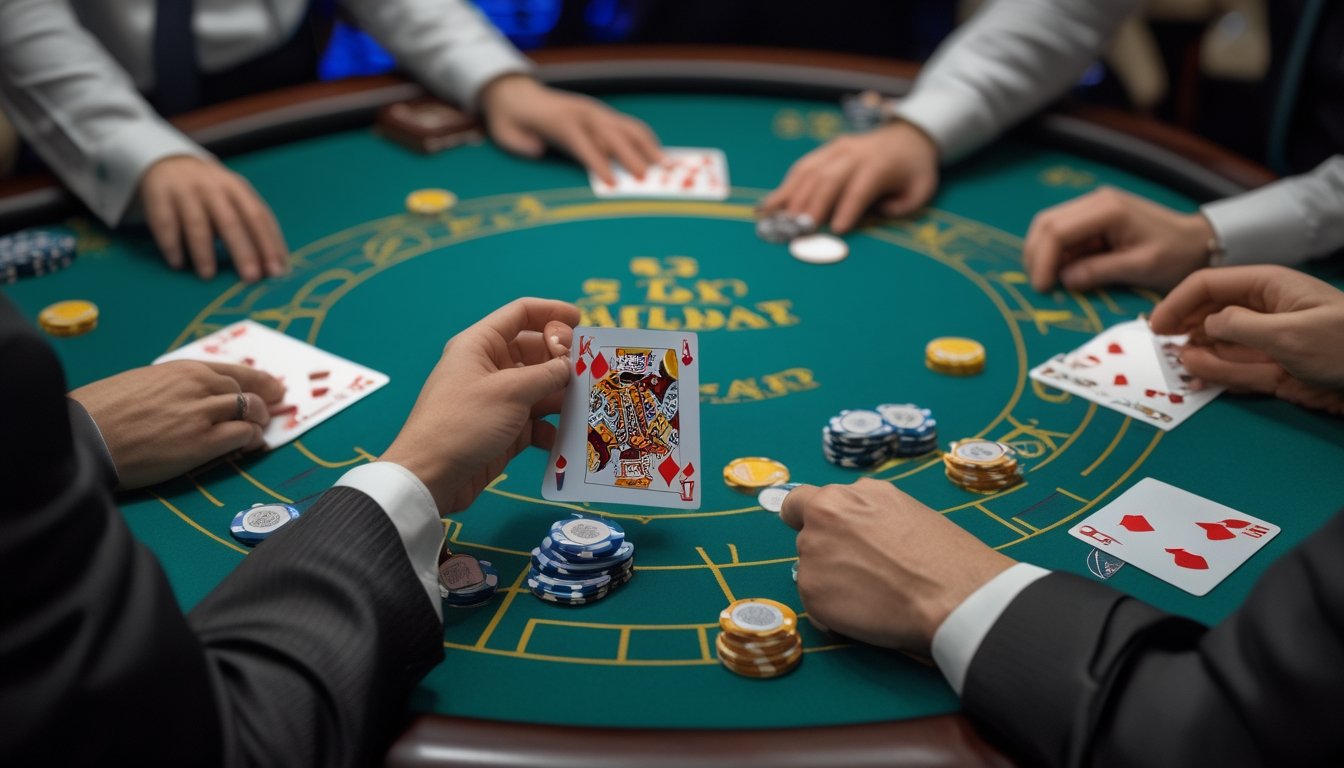Tangan pemain memisahkan sepasang kartu di meja blackjack dengan chip dan dealer di seberangnya.