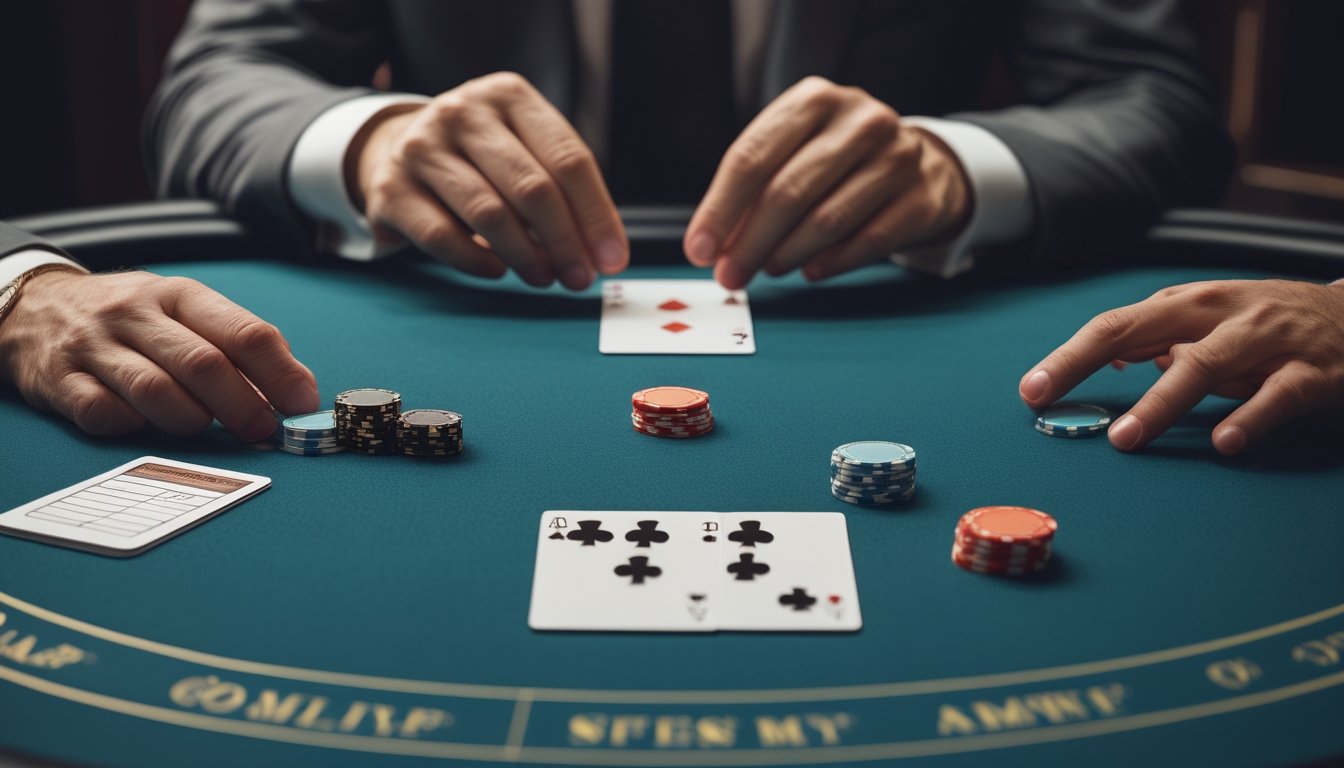 Seorang pemain yang tenang mengamati kartu dealer di meja permainan pada awal ronde.