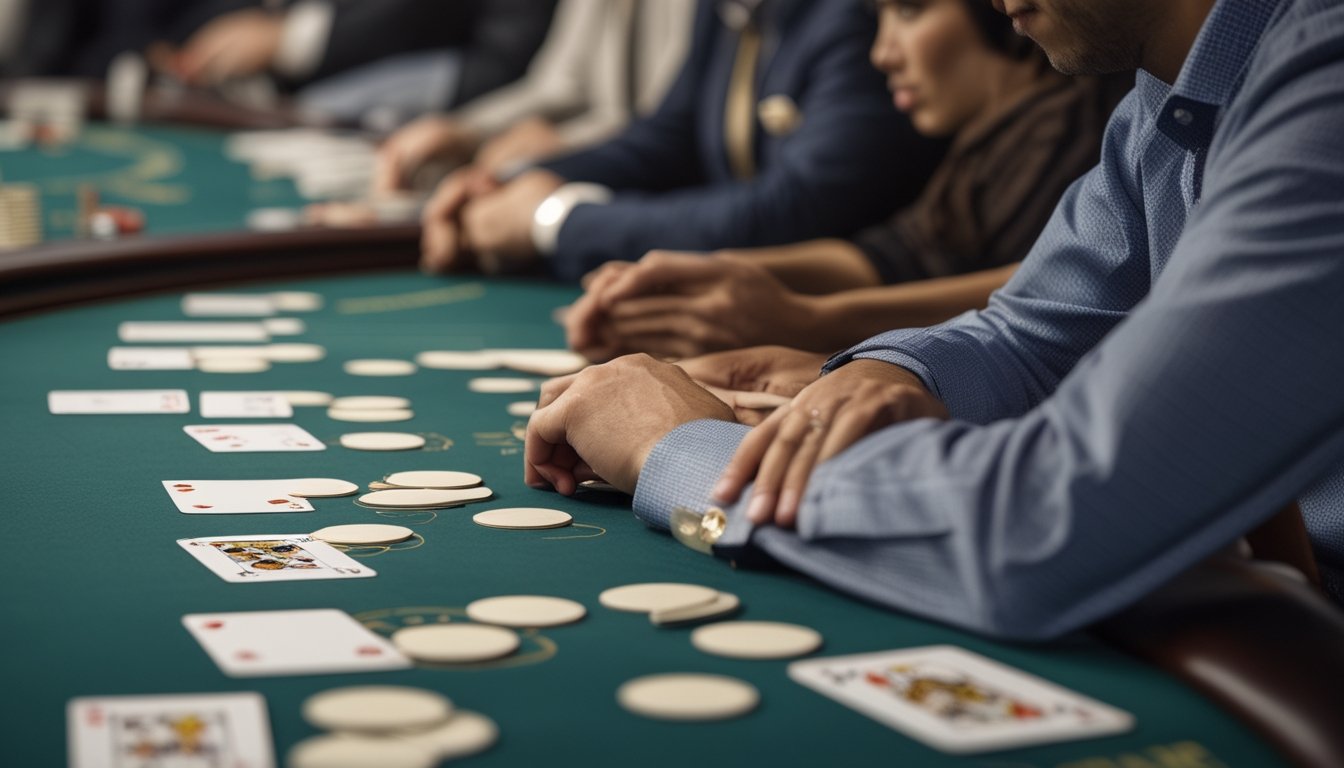 Seorang pemain mengamati kartu dealer dengan tenang sebelum mengambil keputusan.