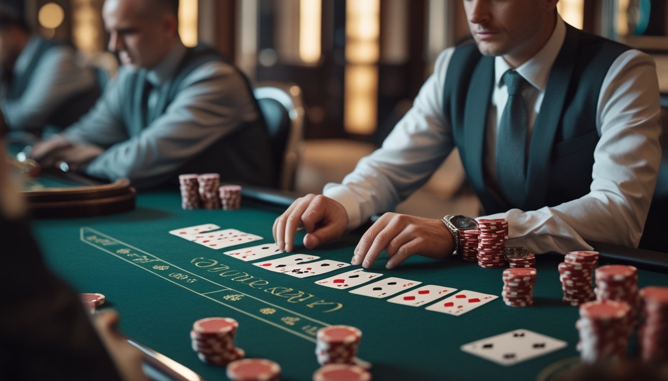Seorang pemain fokus mengamati kartu dealer sambil bersiap mengambil keputusan di meja permainan kasino.