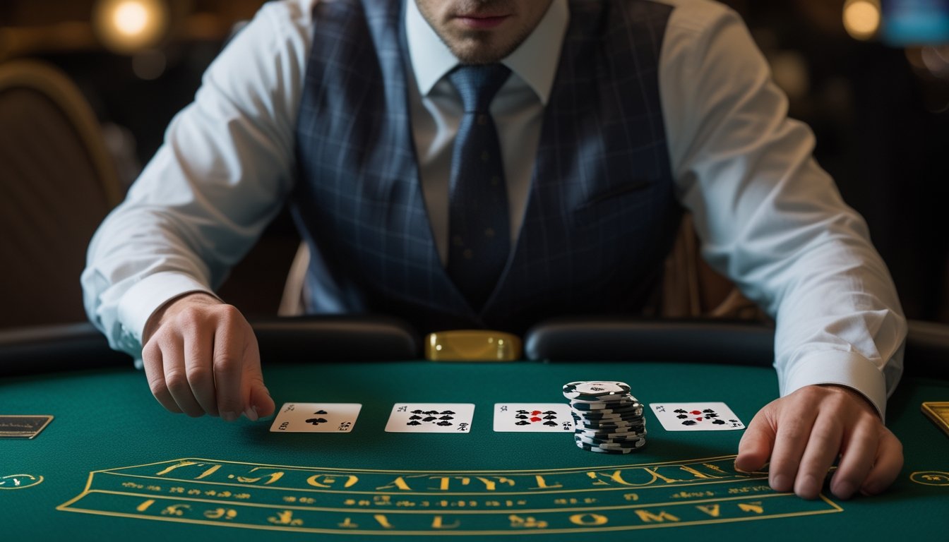 Seorang pemain kartu menatap kartu terbuka dealer sambil menyiapkan taruhan besar di meja blackjack.