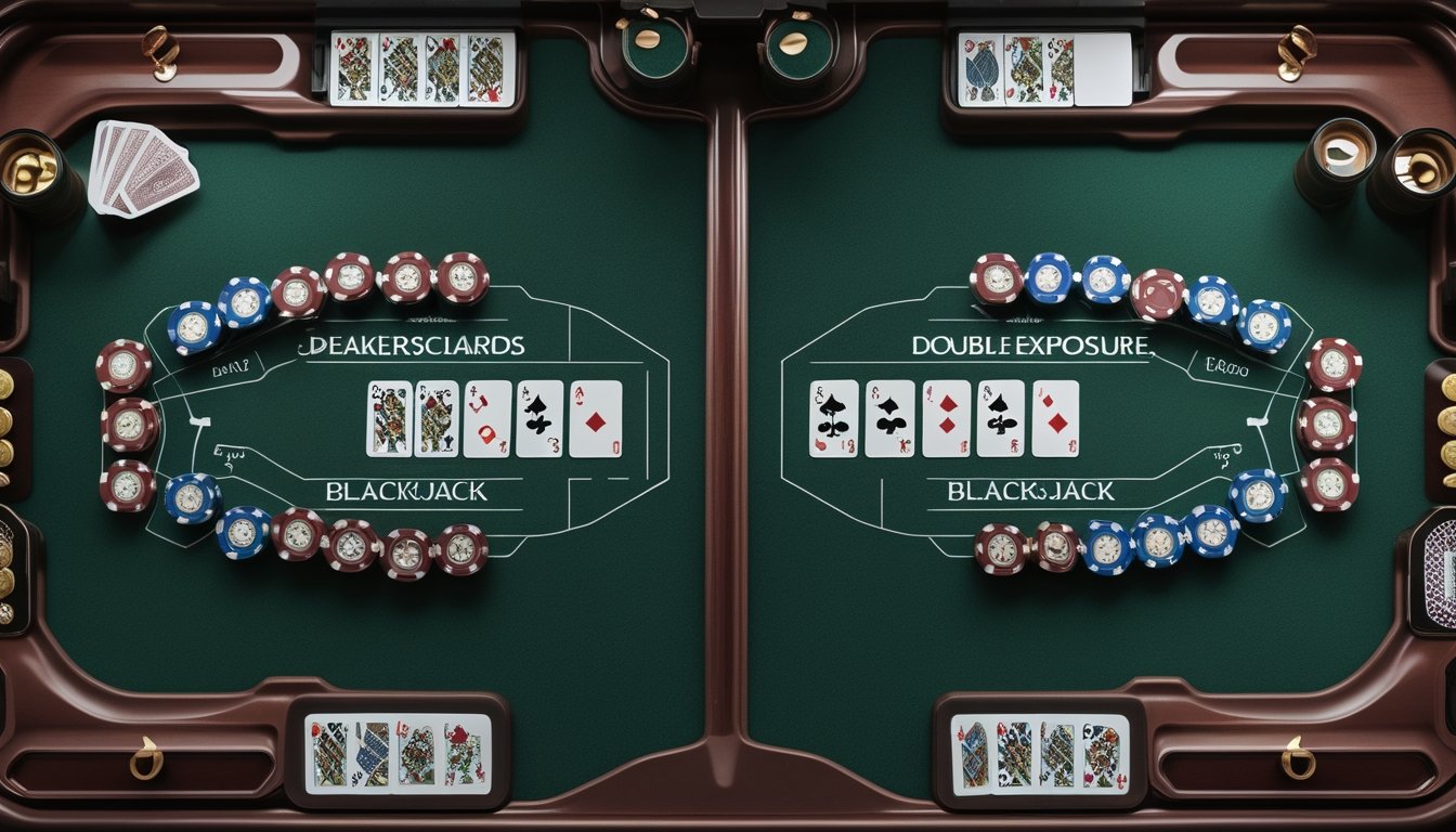 Dua tata meja blackjack berdampingan yang membandingkan permainan standar dan double exposure dengan kartu serta keping kasino.