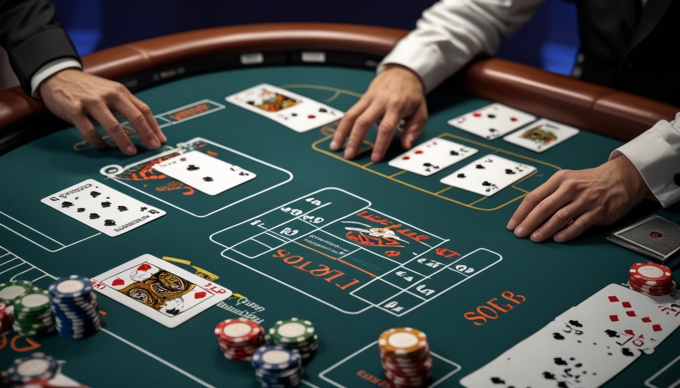 Meja blackjack dengan satu sisi memperlihatkan kartu dealer yang sebagian tertutup dan sisi lain memperlihatkan kedua kartu dealer secara terbuka.