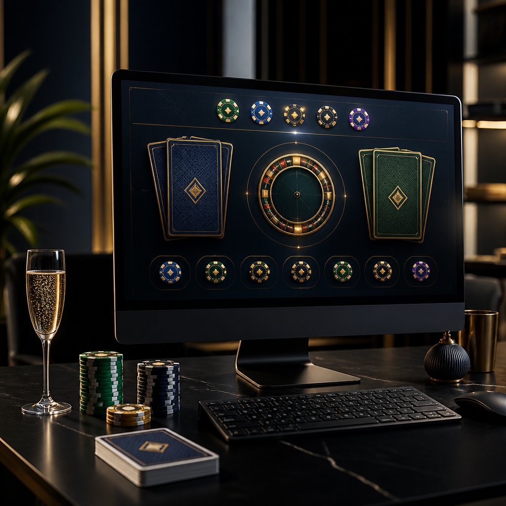 A laptop displays an abstract online casino interface beside poker chips and face-down playing cards.