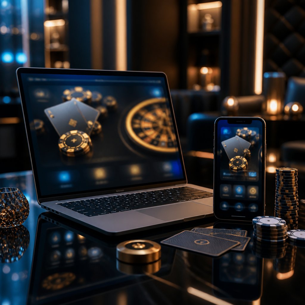 Laptop and smartphone showing abstract online casino graphics beside poker chips and playing cards.