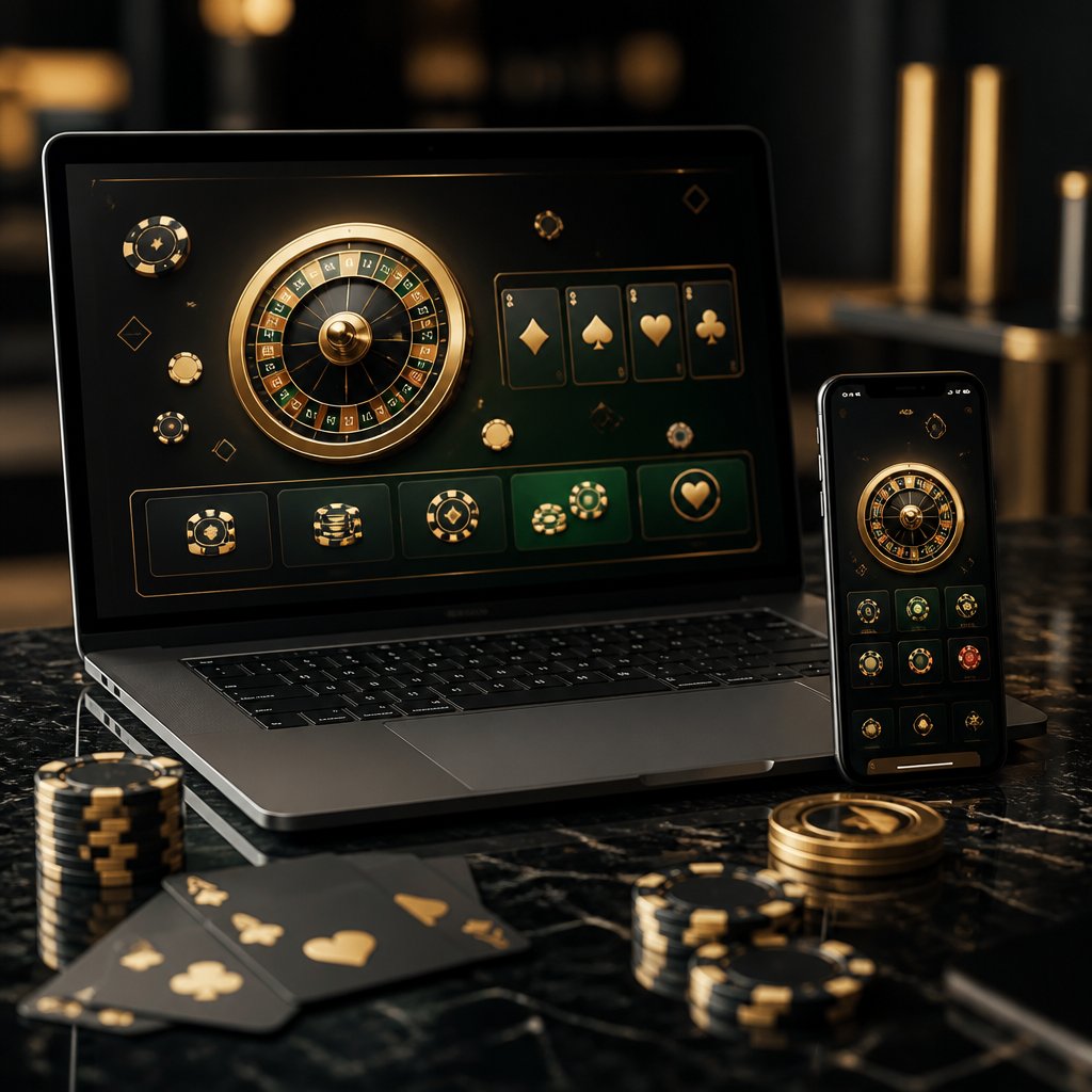 A laptop and smartphone showing abstract casino games beside playing cards and poker chips on a polished desk.