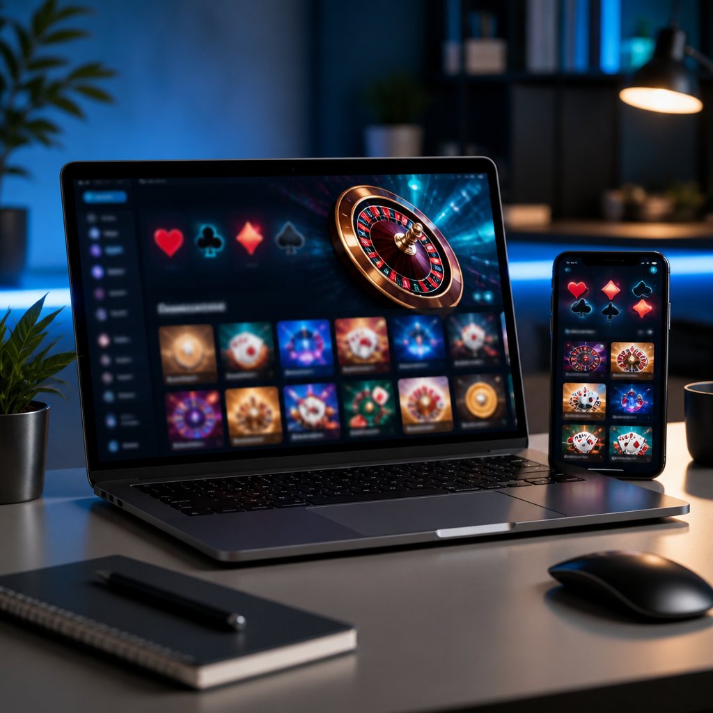 A laptop and smartphone display abstract online casino game visuals on a modern desk.