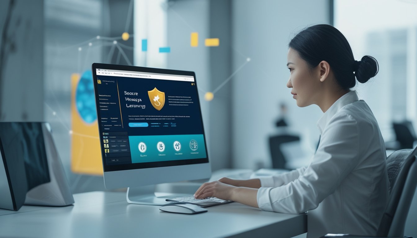 Seorang pengguna memeriksa platform permainan daring yang aman di laptop dengan simbol perisai dan jaringan global.