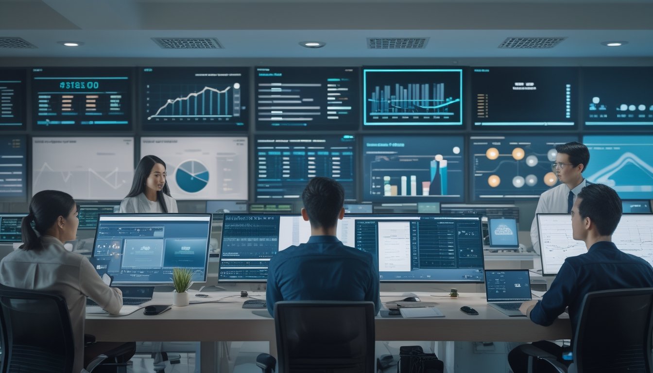 Tim profesional menganalisis data pasar digital melalui layar komputer dan perangkat seluler di kantor modern.