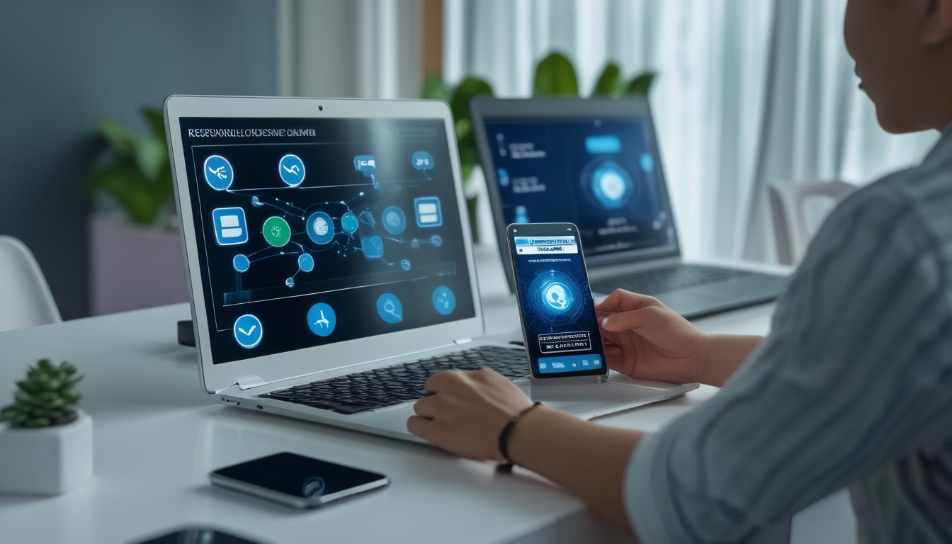 Seseorang membandingkan beberapa platform digital yang aman menggunakan laptop dan ponsel di meja kerja modern.