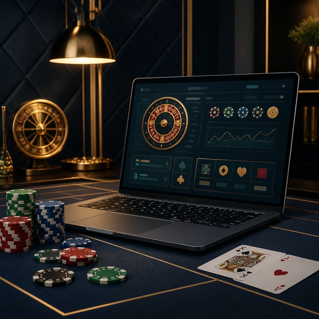 A laptop showing an abstract online casino interface beside playing cards and casino chips on a dark gaming table.