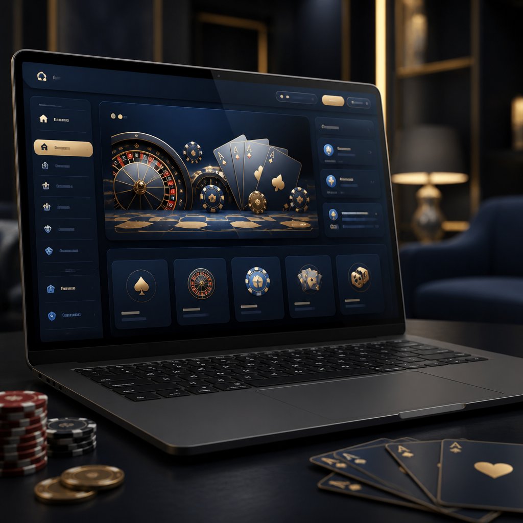 A modern computer setup displays a generic online casino interface beside poker chips and playing cards.