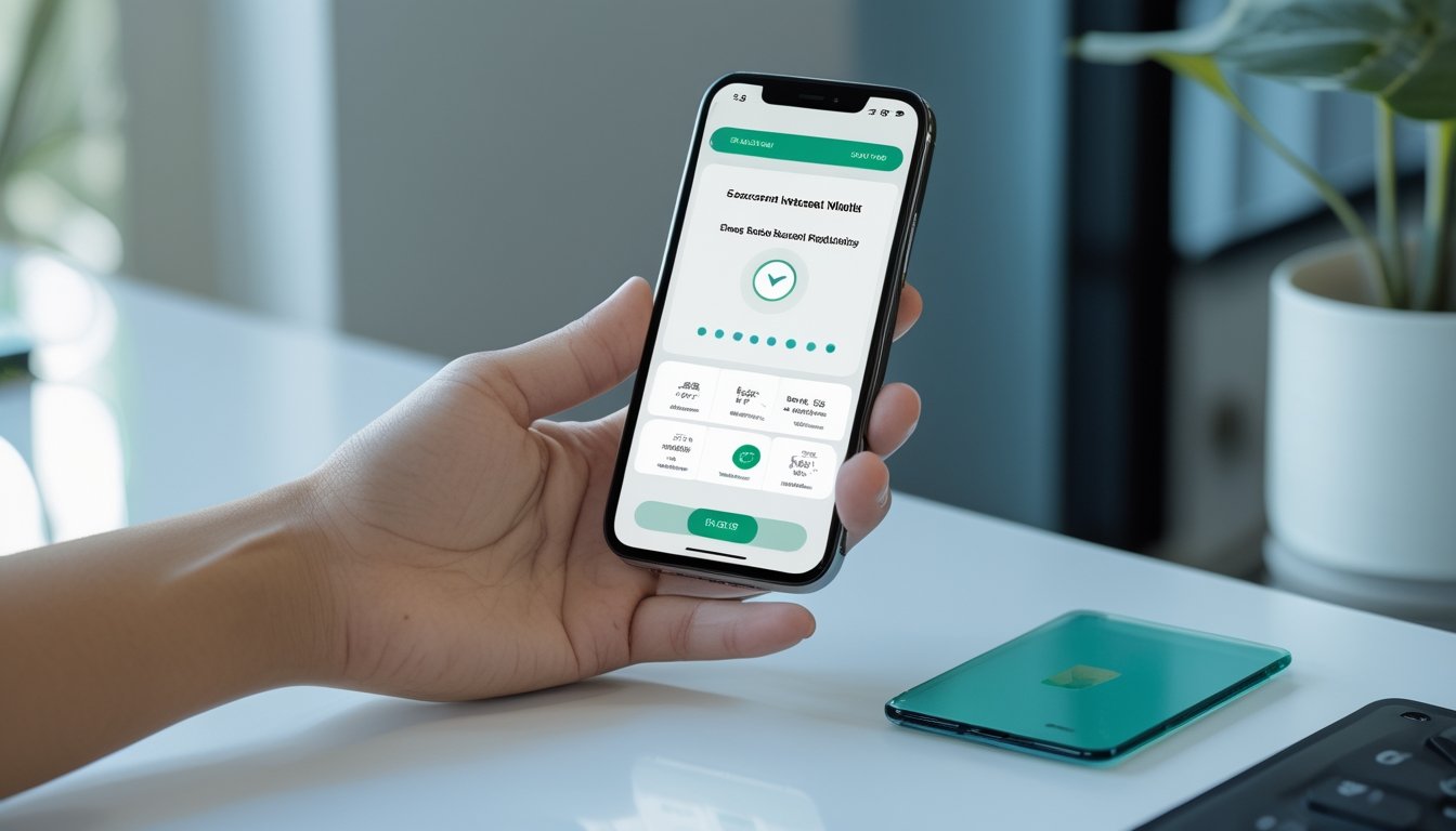 Tangan seseorang menggunakan ponsel untuk melakukan pembayaran digital melalui dompet elektronik.