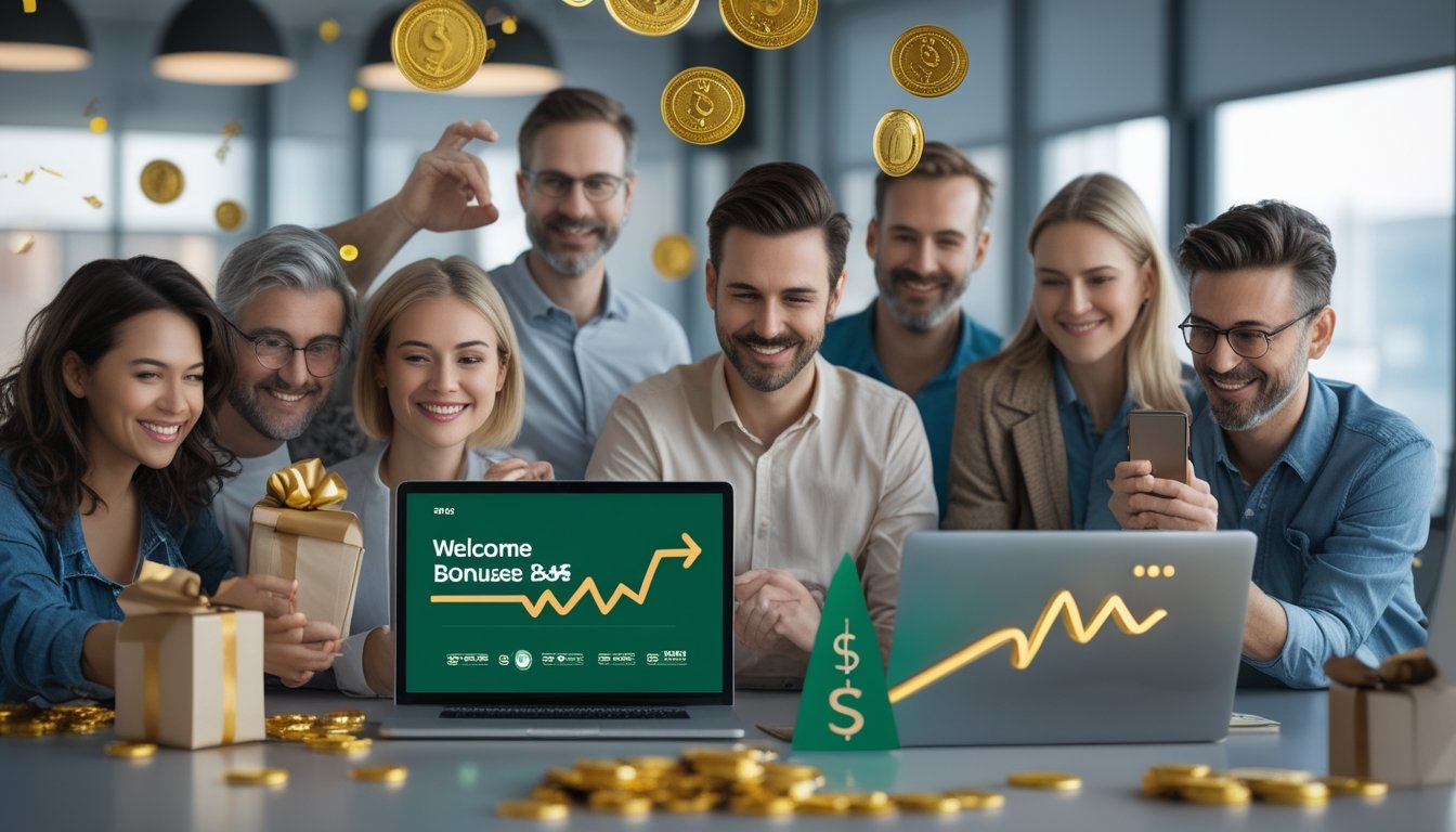 Sekelompok orang dewasa meninjau tampilan digital dengan hadiah simbol dan koin di ruang kerja modern.