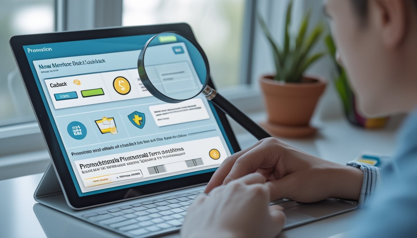Seseorang memeriksa informasi bonus dan cashback pada perangkat digital di meja kerja.