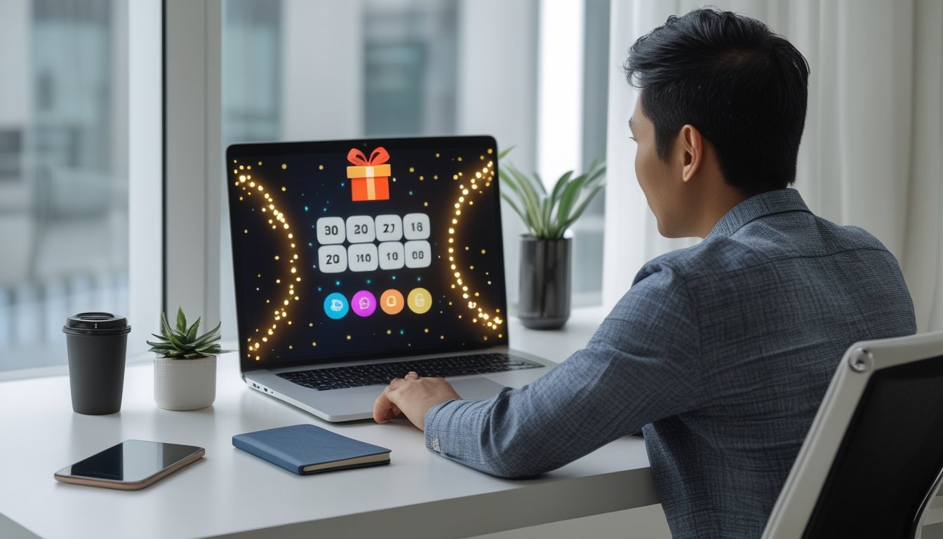 Seseorang dewasa melihat tampilan undian digital di laptop dalam ruang kerja modern dengan simbol hadiah.