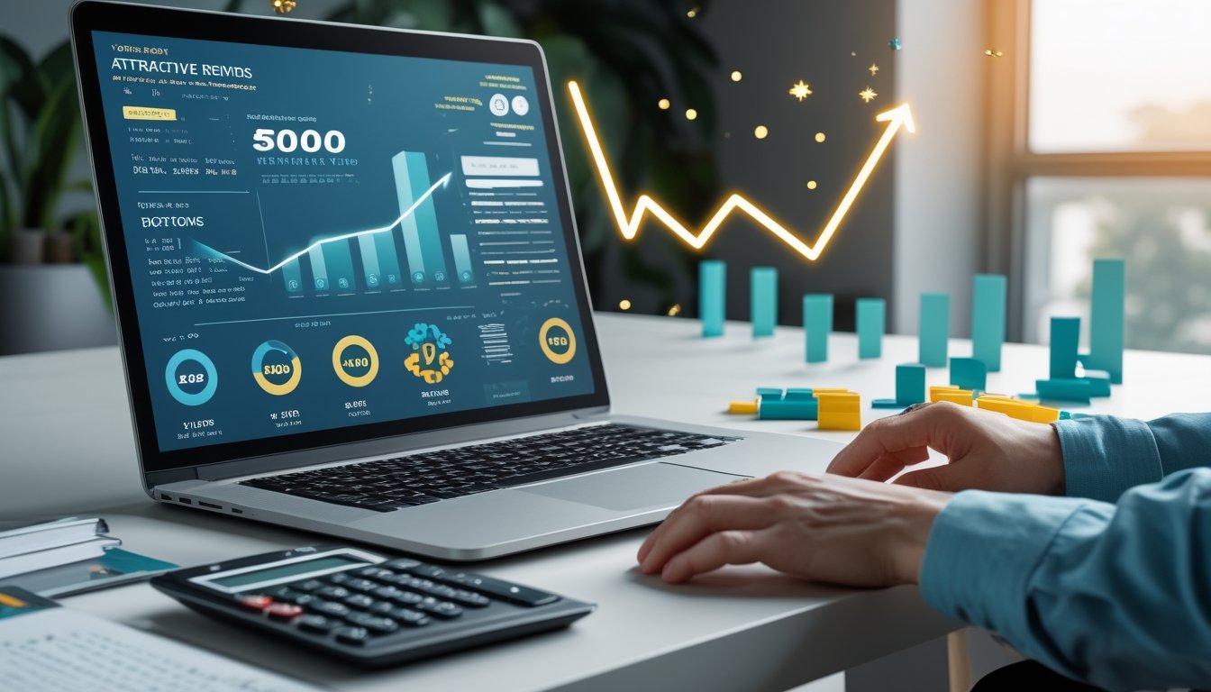 Seseorang meninjau grafik nilai hadiah dan angka abstrak di laptop pada meja kerja modern.