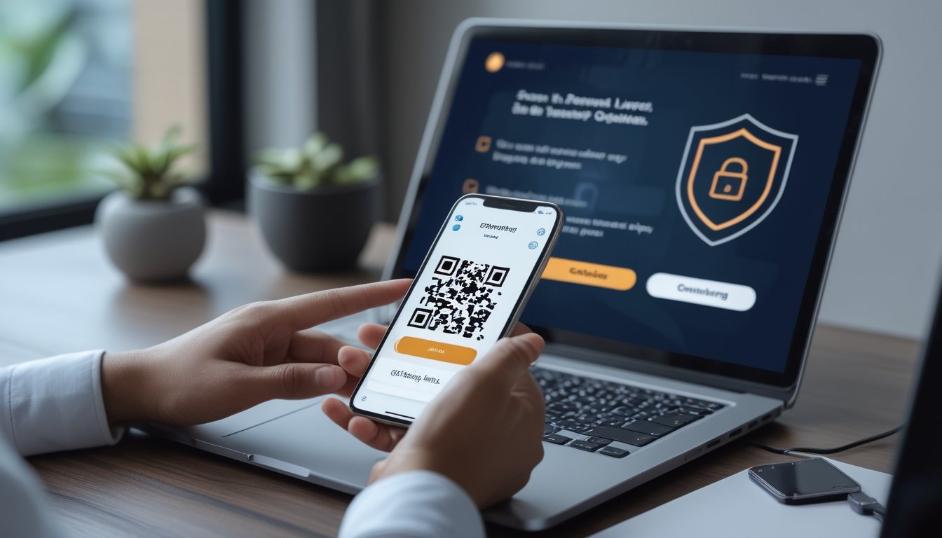 Seseorang mengkodekan kode QR menggunakan ponsel di depan laptop dengan simbol keamanan digital.