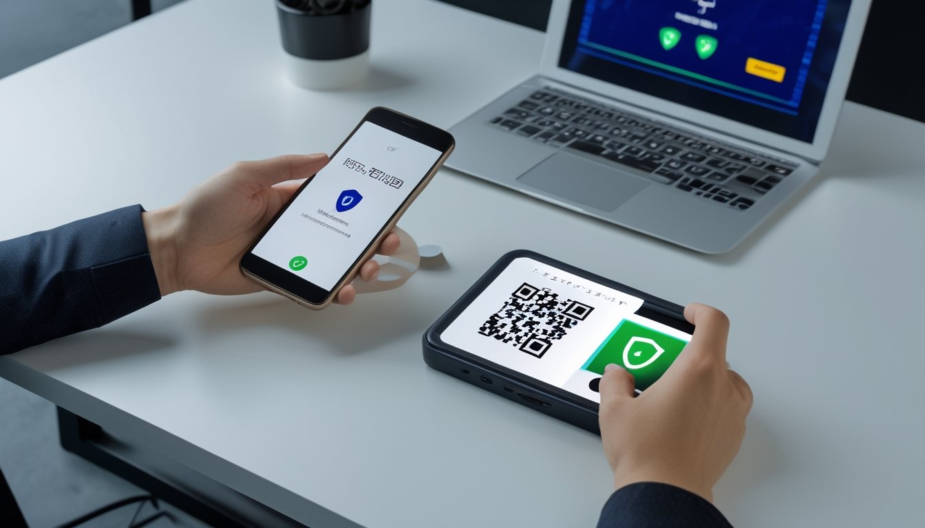 Seseorang menyukai pembayaran kode QR umum dengan ponsel di ruang kerja modern.