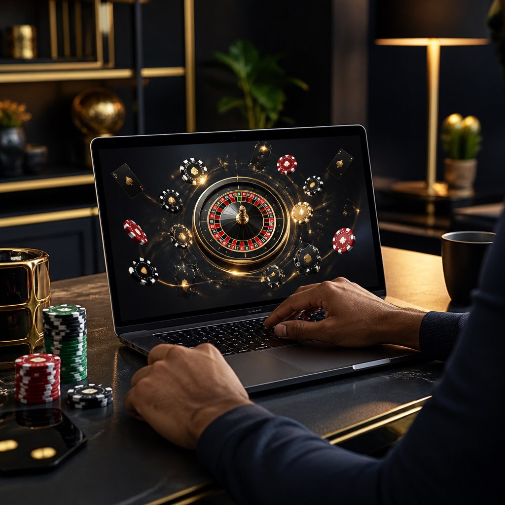 A laptop showing a colorful casino-themed interface beside playing cards, poker chips, and a roulette wheel.