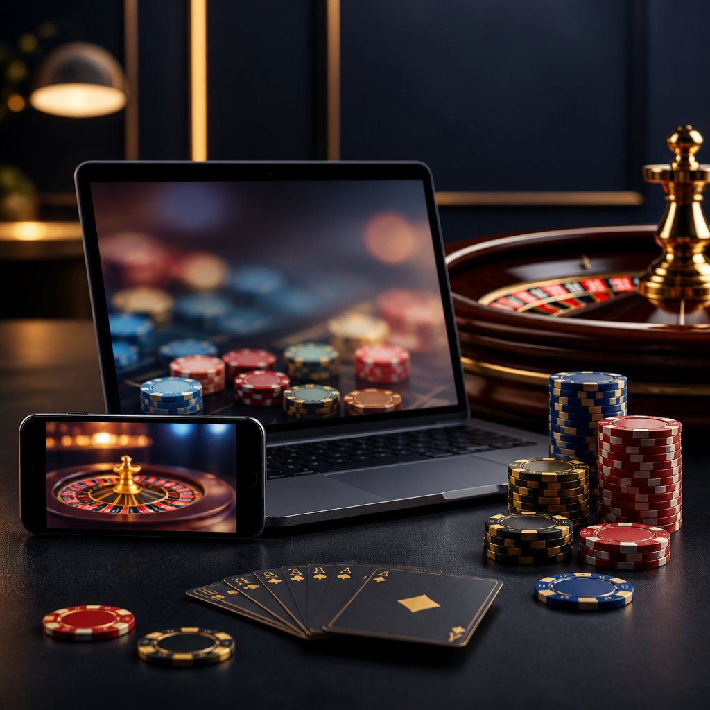 A laptop and smartphone surrounded by poker chips, playing cards, and roulette details on a sophisticated casino-themed table.