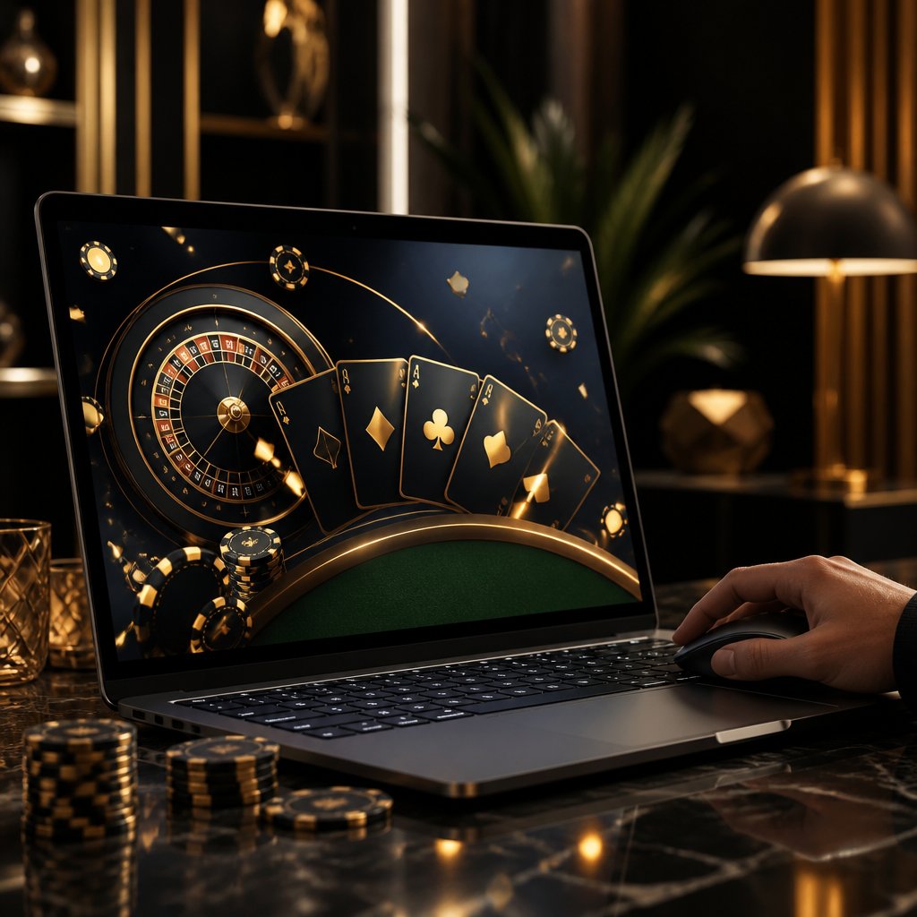 A person uses a computer displaying an abstract online casino interface with cards, roulette graphics, and poker chips.