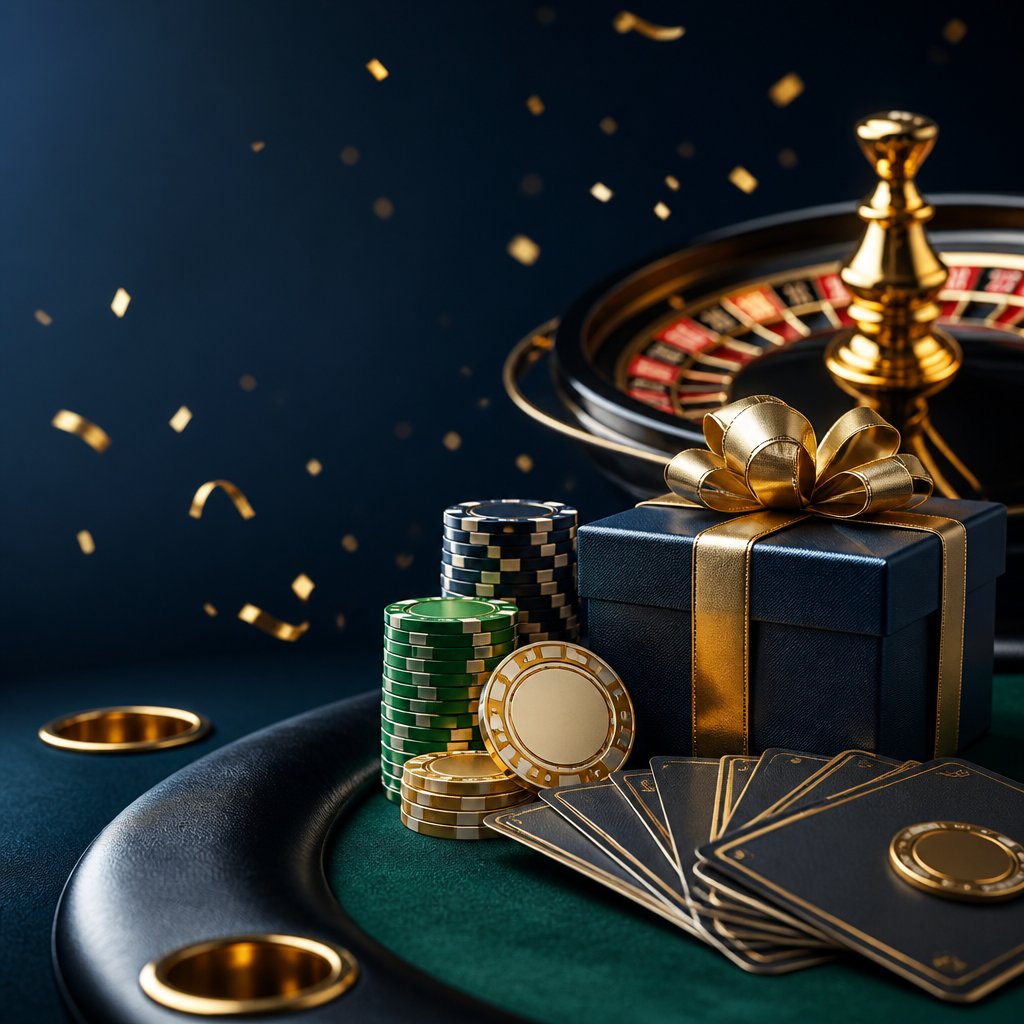 Casino chips, playing cards, a roulette wheel, and a gift box arranged on a polished table.