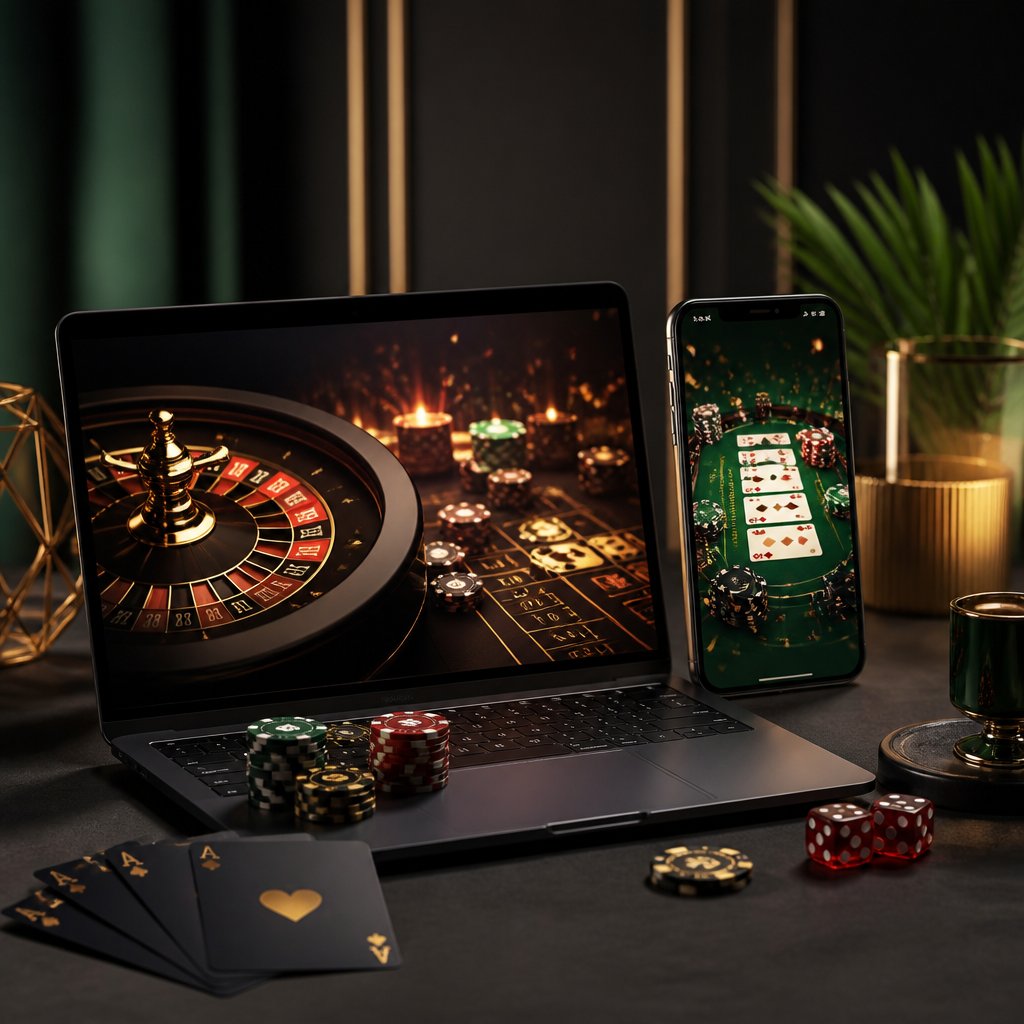 A laptop and smartphone displaying a modern online casino scene beside poker chips, playing cards, and roulette elements.